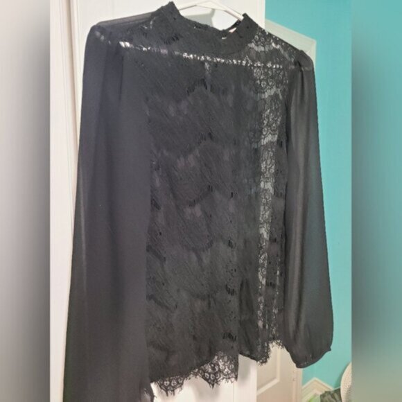 Forever 21 Black High Neck Lace Sheer See-Through Flounce Sleeve Blouse Shirt M - Picture 6 of 14
